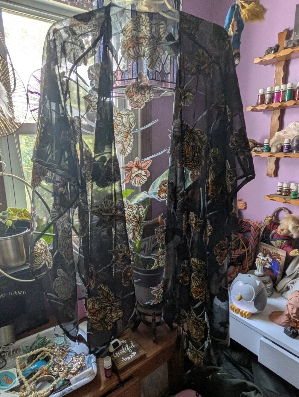 Sheer Floral Kimono Cover-Up in Black with Gold Accents